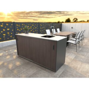 Letna kuhinja - Element s pomivalnim koritom na desni strani, lesni dekor - ameriški oreh